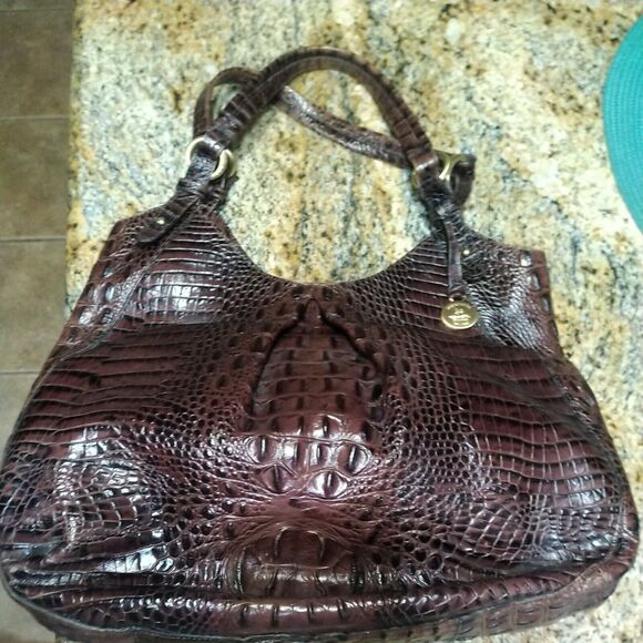 BRAHMIN Brown XL CROC Embossed Leather Shoulder Handbag Tote HOBO - Picture 5 of 12